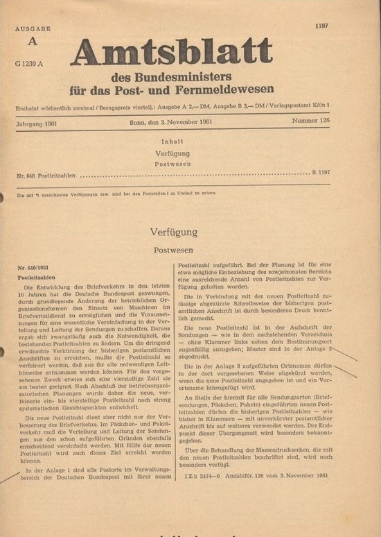 Amtsblatt-Verfügung 1961 zur Einführung der 4-stelligen Postleitzahl