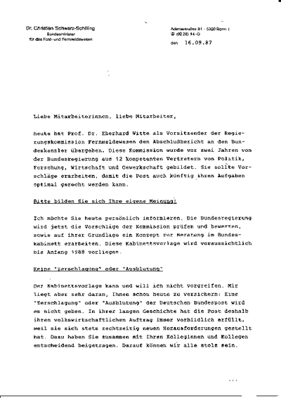 Schwarz-Schilling-Mitarbeiterbrief 1987